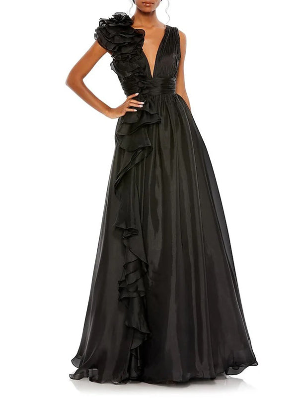 black prom dress flowy Black Off The Shoulder Tiered Prom Dress fg4201