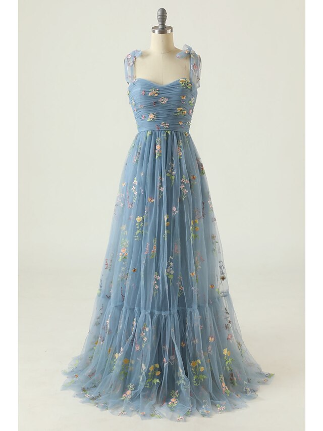 A-Line/Princess Spaghetti Straps Floor-length Long Prom Floral Dresses