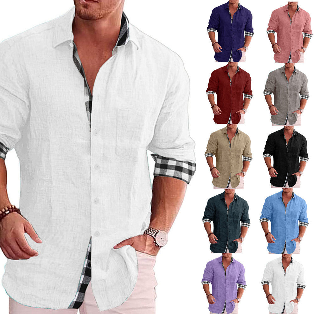 Men's Casual Cotton Linen Long Sleeves Solid Color Shirt