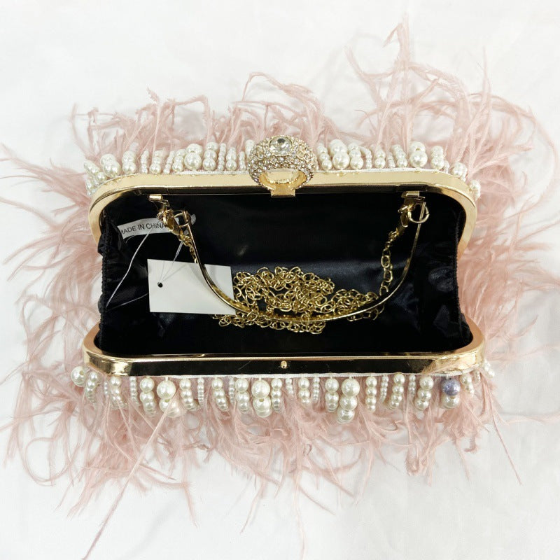 Pleated Chain Ostrich Feather Clutch Hand Bags