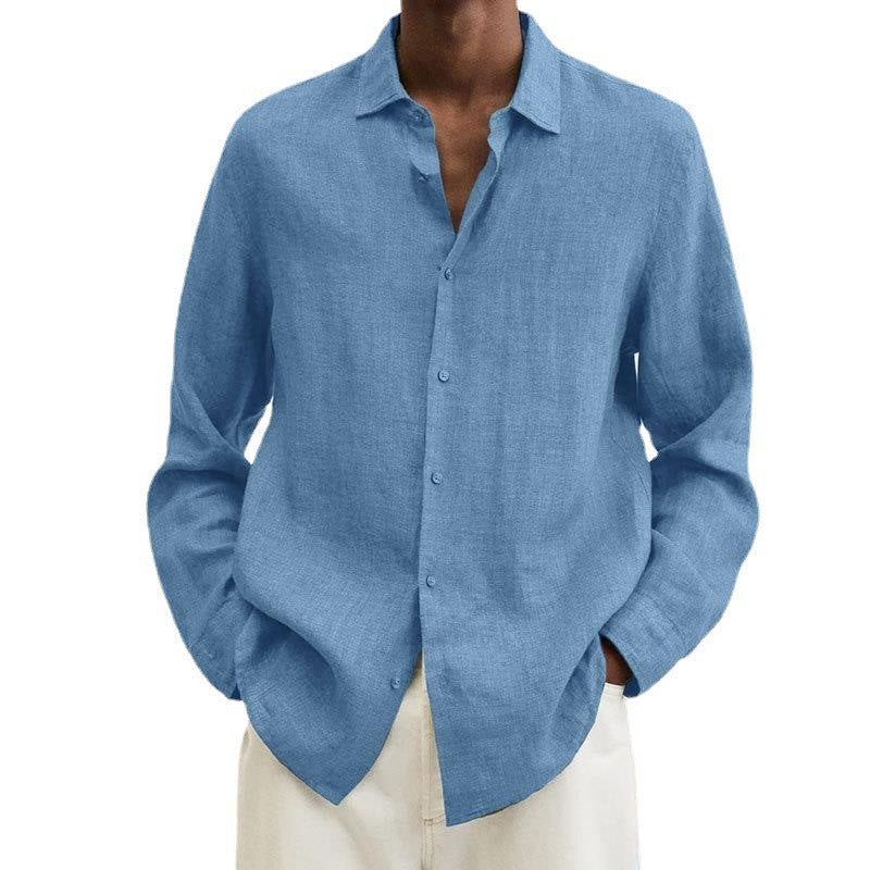 Men's Casual Cotton Linen Long Sleeves Solid Color Shirt