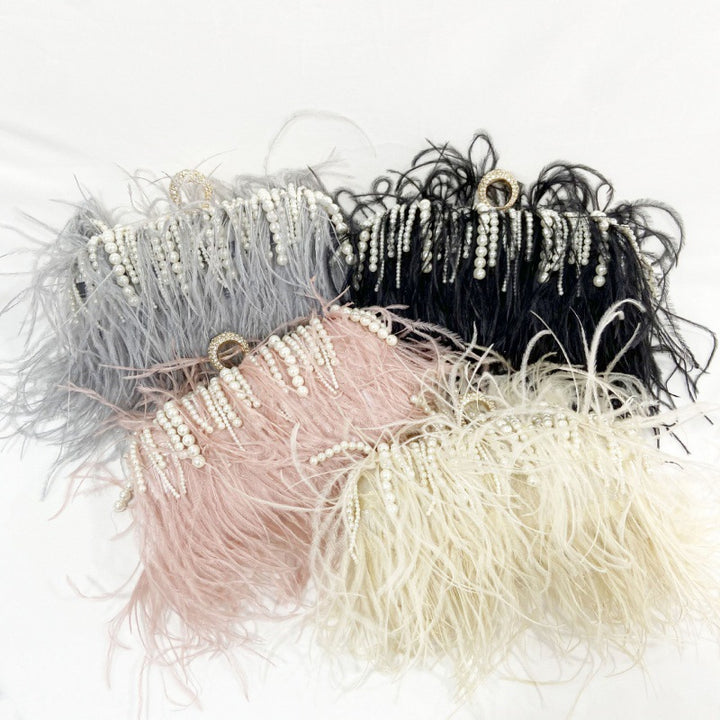 Pleated Chain Ostrich Feather Clutch Hand Bags