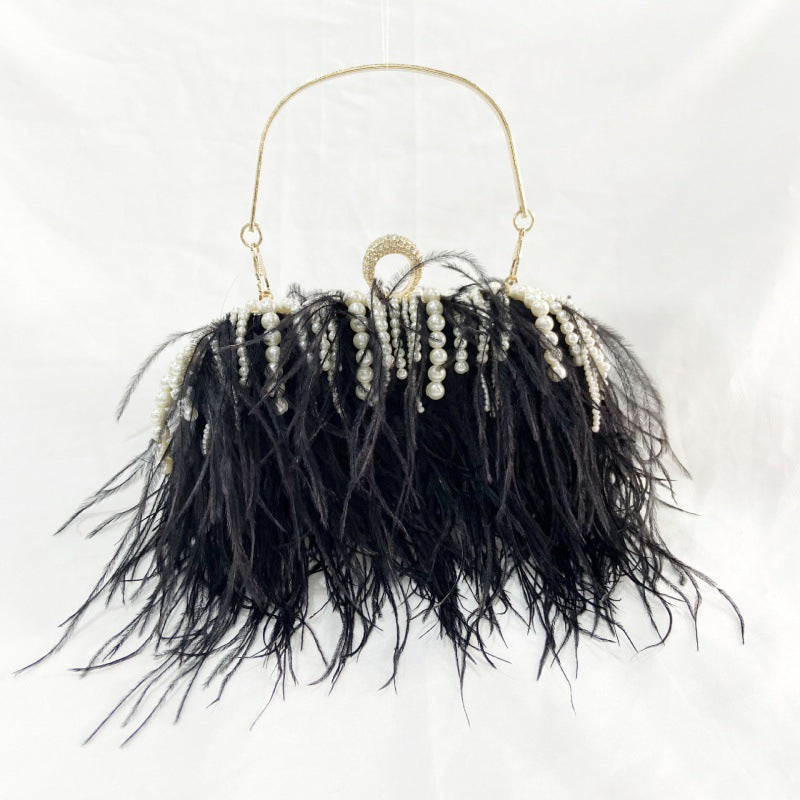 Pleated Chain Ostrich Feather Clutch Hand Bags