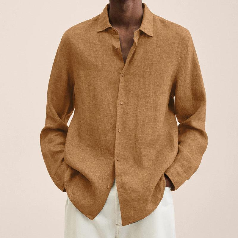 Men's Casual Cotton Linen Long Sleeves Solid Color Shirt