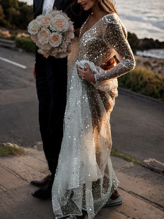 Sparkly Tulle Bridal Dresses 2026 White Women's Sequins A-Line Deep V-Neck Long Sleeves Floor-Length Formal Wedding Gowns, Ivory