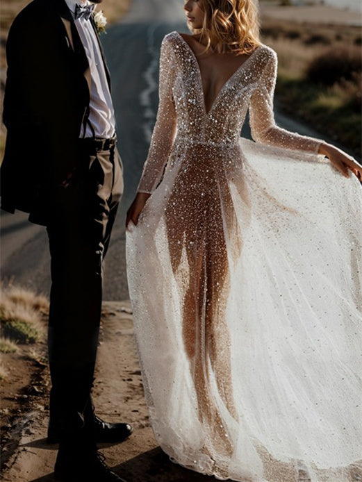 A-Line/Princess V-Neck Long Sleeves Sequins Wedding Dress
