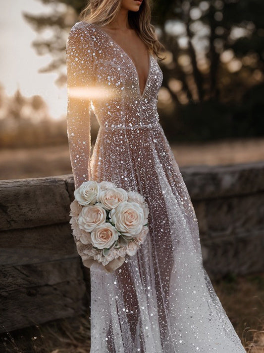 Sparkly Tulle Bridal Dresses 2026 White Women's Sequins A-Line Deep V-Neck Long Sleeves Floor-Length Formal Wedding Gowns, Ivory Sparkly Tulle Bridal Dresses 2026 White Women's Sequins A-Line Deep V-Neck Long Sleeves Floor-Length Formal Wedding Gowns, Ivory