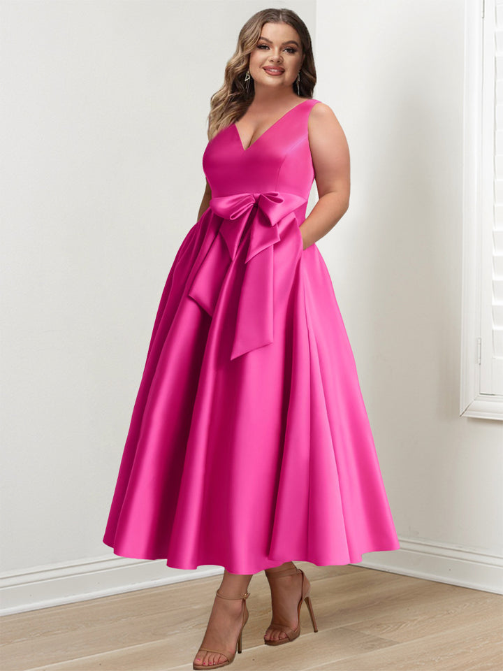 A-Line/Princess V-Neck Sleeveless Ankle-Length Mother of the Bride Dresses with Pockets & Ruffles