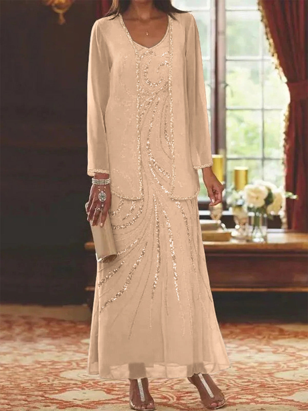 Sheath/Column V-Neck Ankle-Length Mother of the Bride Dresses with Jacket & Sequins Beading
