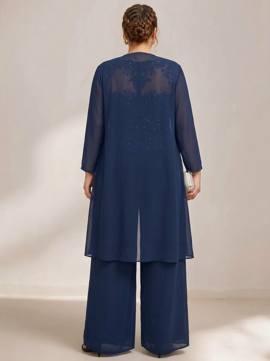 Chiffon 3 Pieces Scoop Neck Long Sleeves Floor-Length Plus Size Mother Of The Bride Pantsuits With Jacket