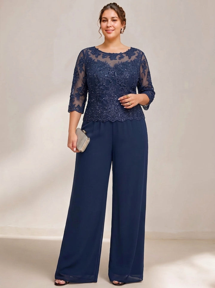 Chiffon 3 Pieces Scoop Neck Long Sleeves Floor-Length Plus Size Mother Of The Bride Pantsuits With Jacket