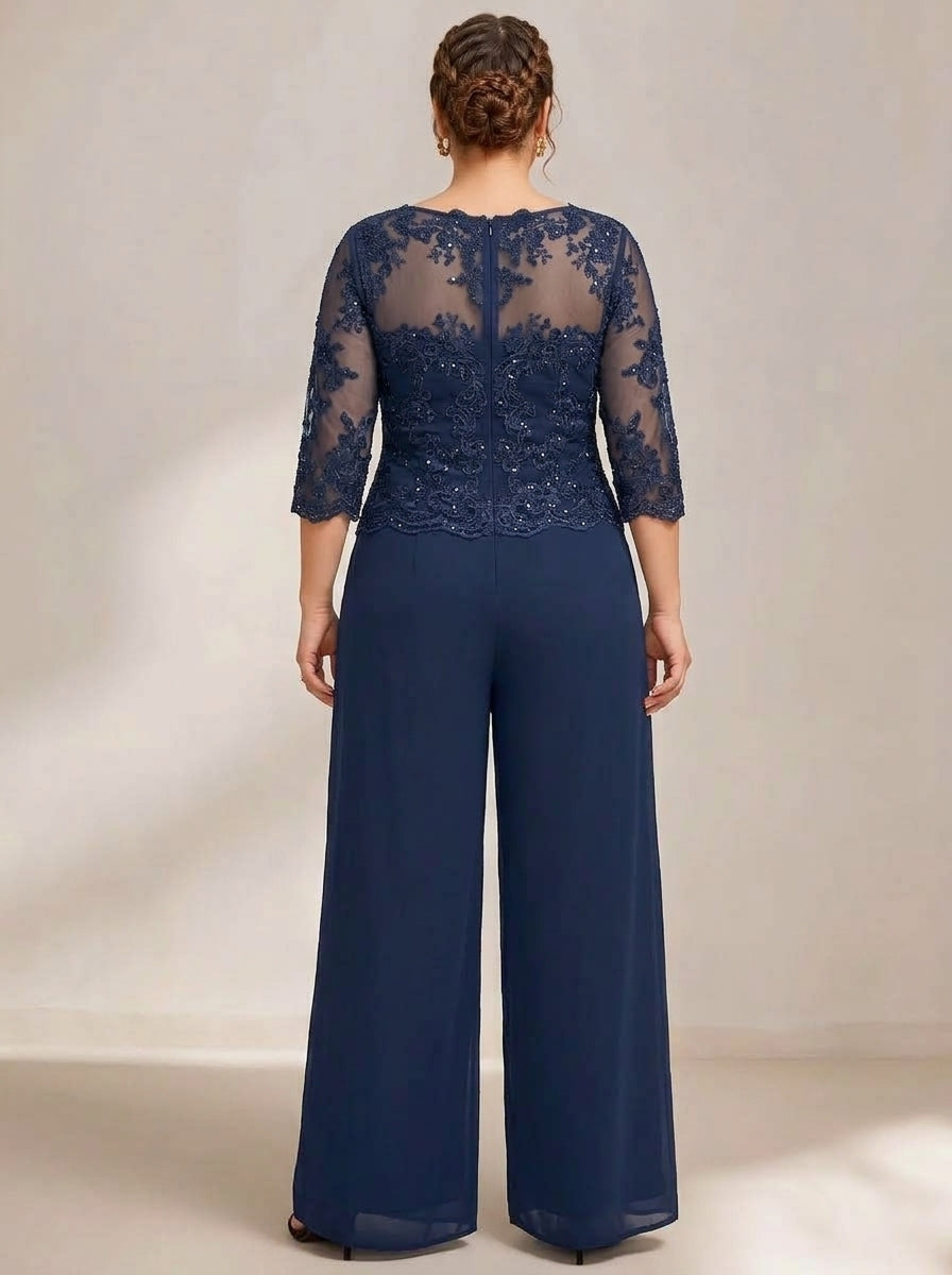 Chiffon 3 Pieces Scoop Neck Long Sleeves Floor-Length Plus Size Mother Of The Bride Pantsuits With Jacket
