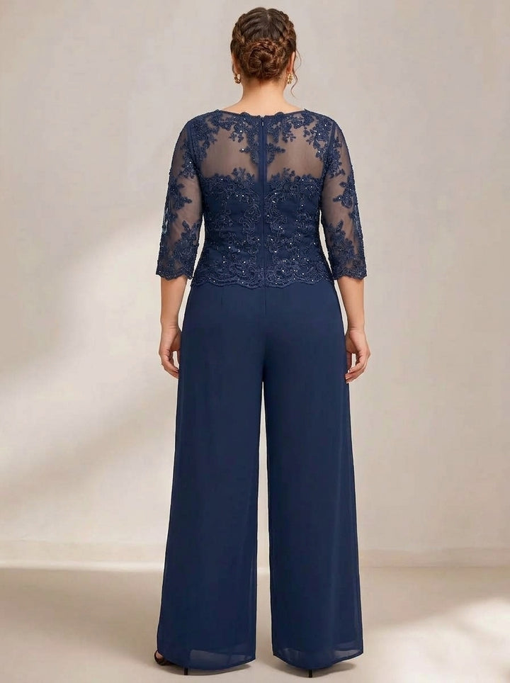 Chiffon 3 Pieces Scoop Neck Long Sleeves Floor-Length Plus Size Mother Of The Bride Pantsuits With Jacket