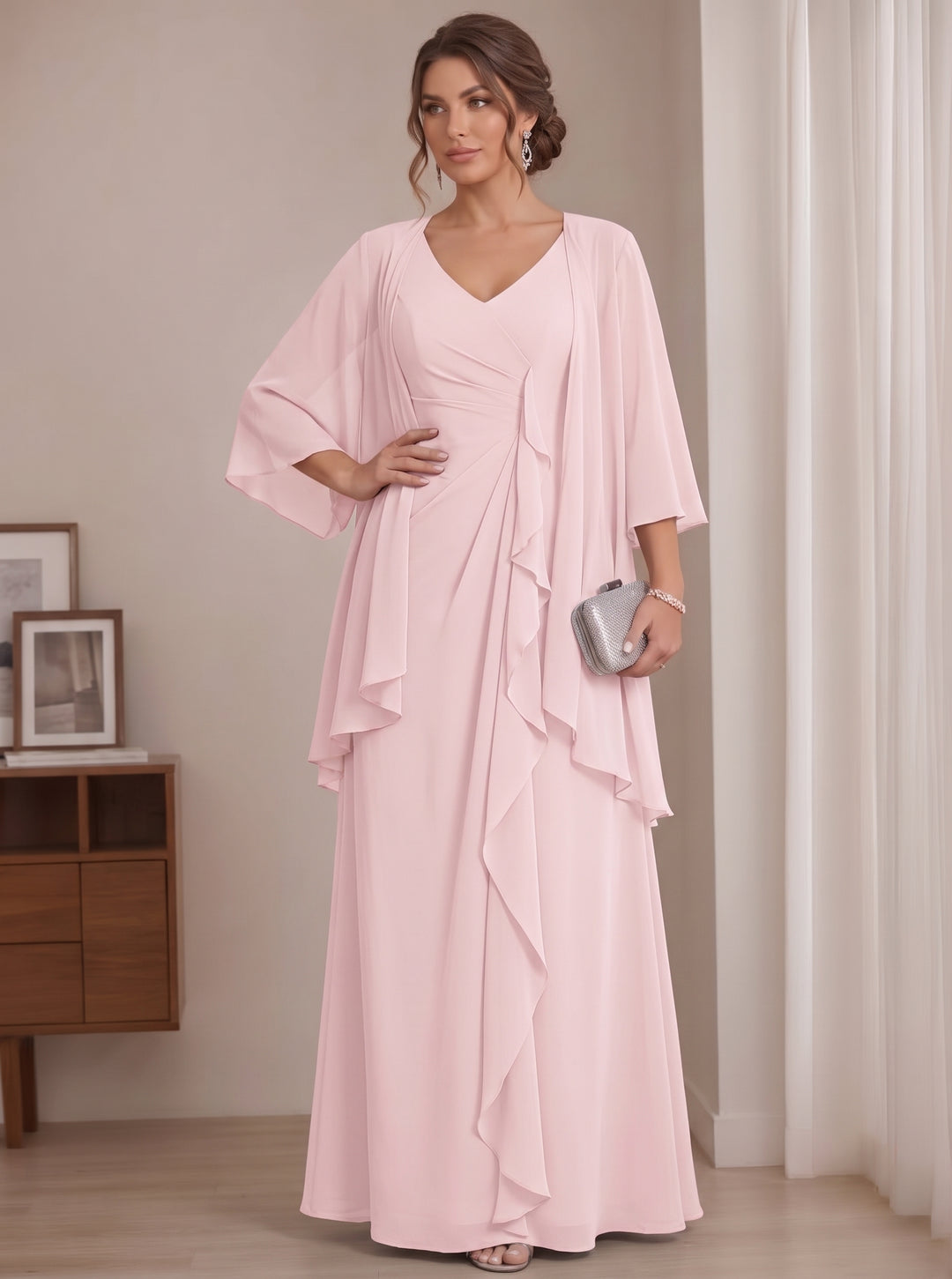 Sheath/Column V-Neck Sleeveless Floor-Length Plus Size Mother of the Bride Dresses with Wraps