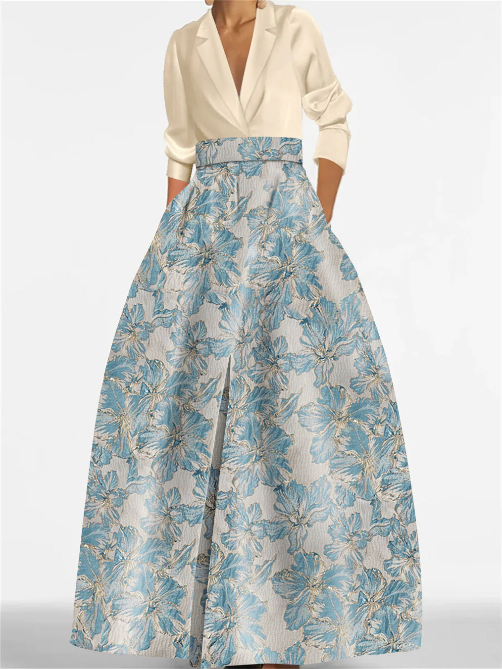 A-Line/Princess Shirt Collar 3/4 Sleeves Printed Flower Mother of the Bride & Groom Dresses