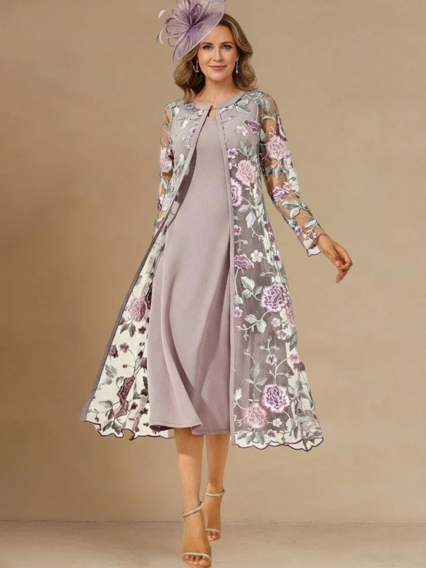 2 Pieces A-Line/Princess V-Neck Chiffon Mother of the Bride Dresses with Jacket Floral 3/4 Sleeves Tea-Length
