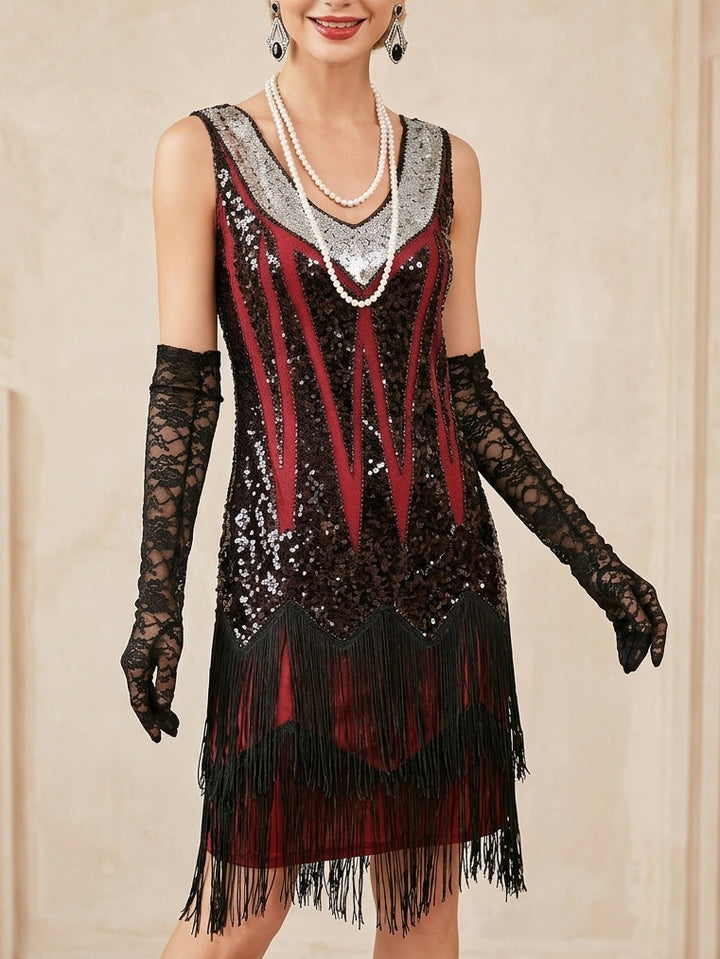 1920s Sheath/Column V-Neck Vintage Tassels Costume Party Dresses Knee-Length Dresses