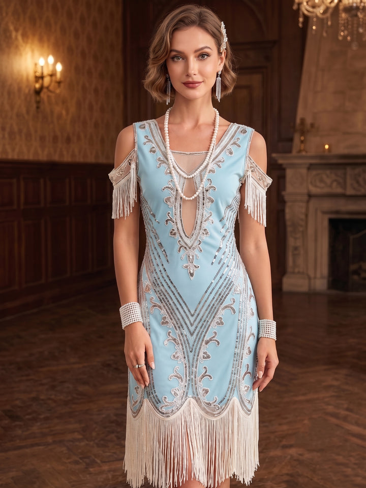 1920s The Great Gatsby Outfit A-Line/Princess Short Sleeves Sequins Tassels Vintage Dresses