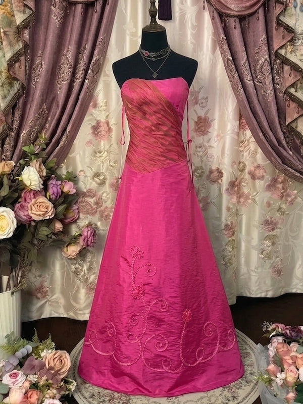 A-Line/Princess Strapless Taffeta Prom Dresses Vintage 80s Iridescent Dress Sleeveless Floor-Length with Appliques