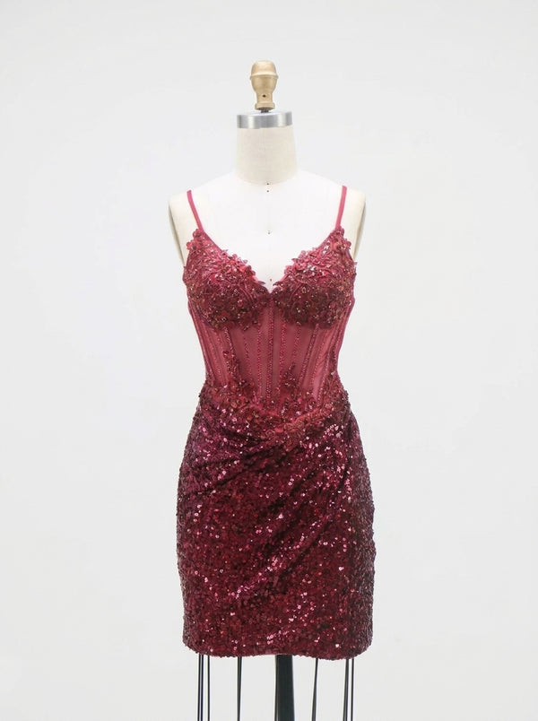 Sheath/Column Spaghetti Straps Sleeveless Short/Mini Homecoming Dresses with Sequins