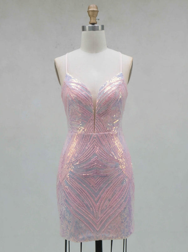 Sheath/Column Spaghetti Straps Sleeveless Short/Mini Homecoming Dresses with Sequins