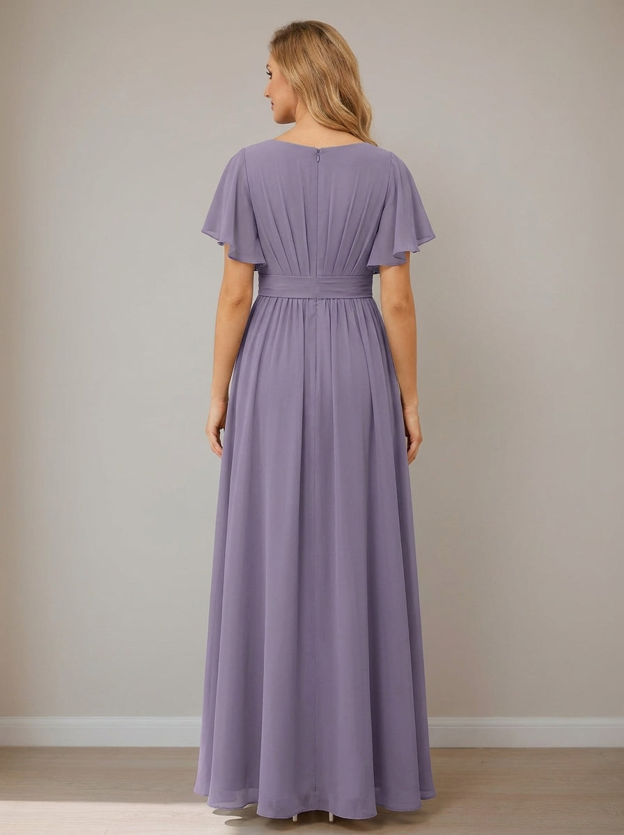 A-Line/Princess Chiffon V-Neck Short Sleeves Ankle-Length Bridesmaid Dresses