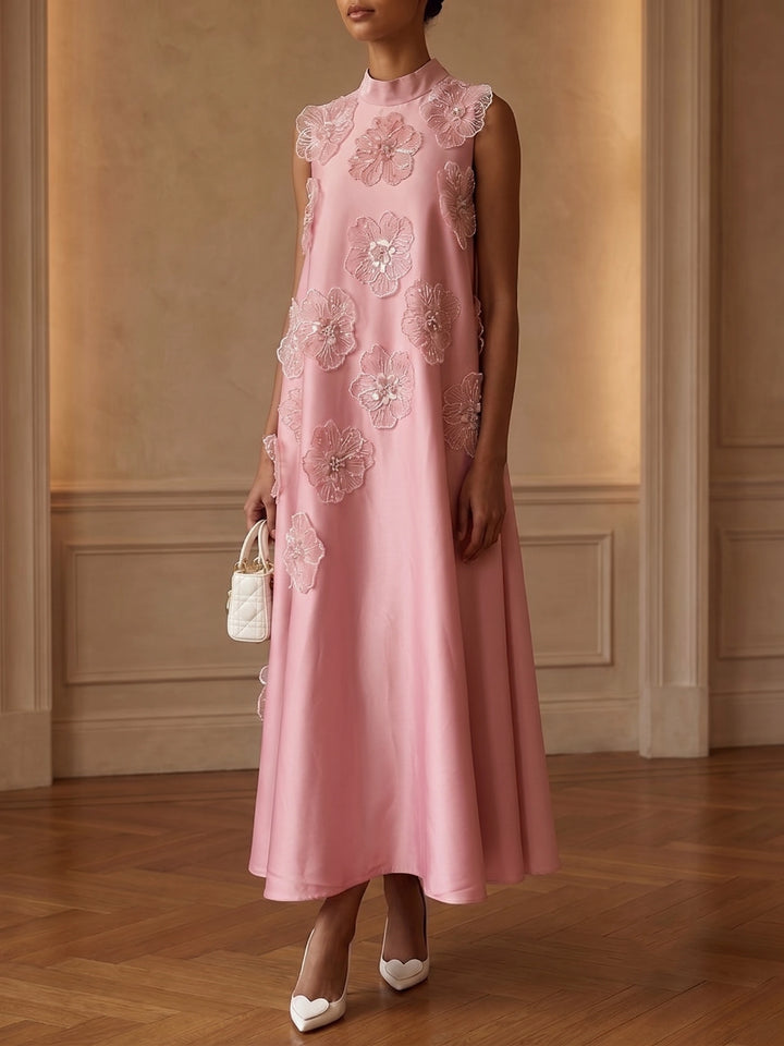A-Line/Princess Mock Neck Satin Cocktail Dresses with 3D Flower Ankle-Length Sleeveless Little White Dresses
