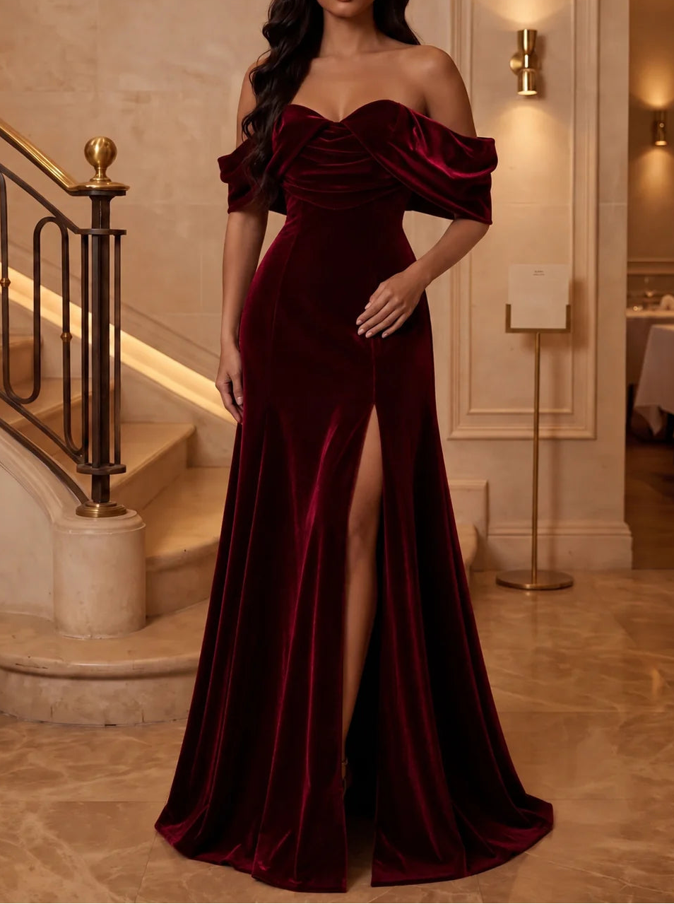 Trumpet/Mermaid Off-the-Shoulder Velvet Evening Dresses Floor-Length Sleeveless Formal Dresses Split Side