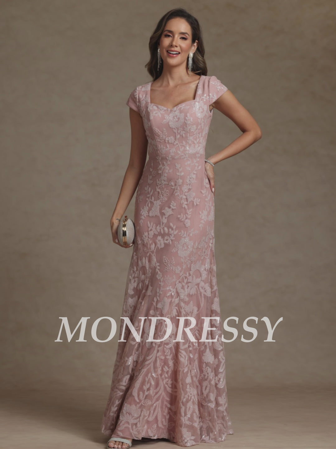 Sheath/Column Square Collar Chiffon Mother of the Bride Dresses Floor-Length Lace Sequins Short Sleeves
