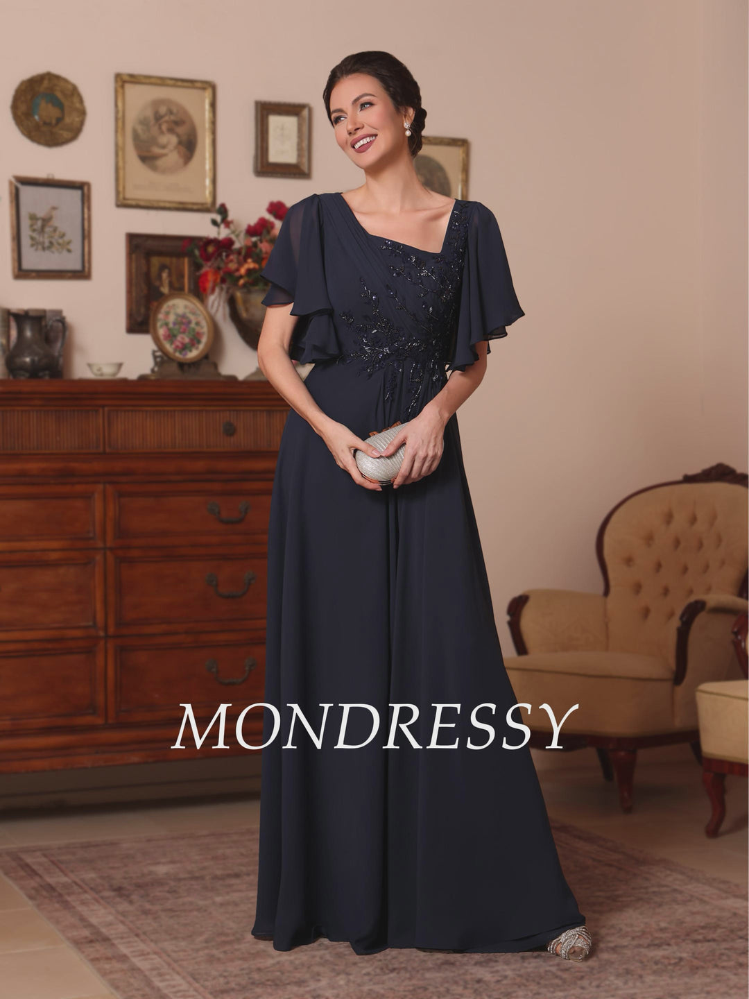 A-Line/Princess Asymmetrical Collar Chiffon Mother of the Bride Dresses Sequins Ankle-Length Short Sleeves Ruched