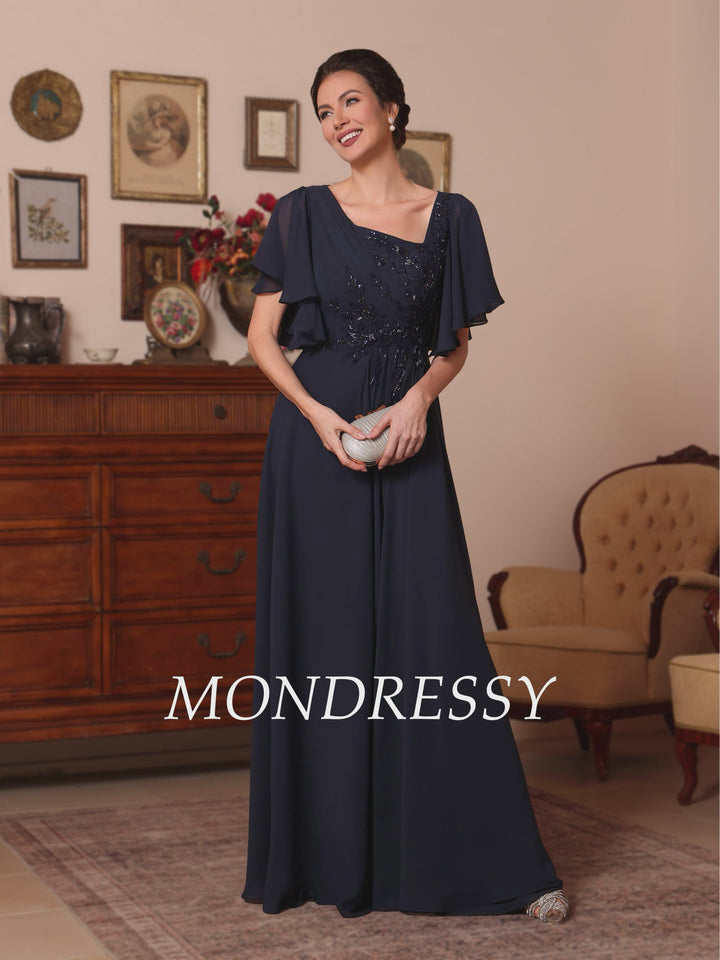 A-Line/Princess Asymmetrical Collar Chiffon Mother of the Bride Dresses Sequins Ankle-Length Short Sleeves Ruched