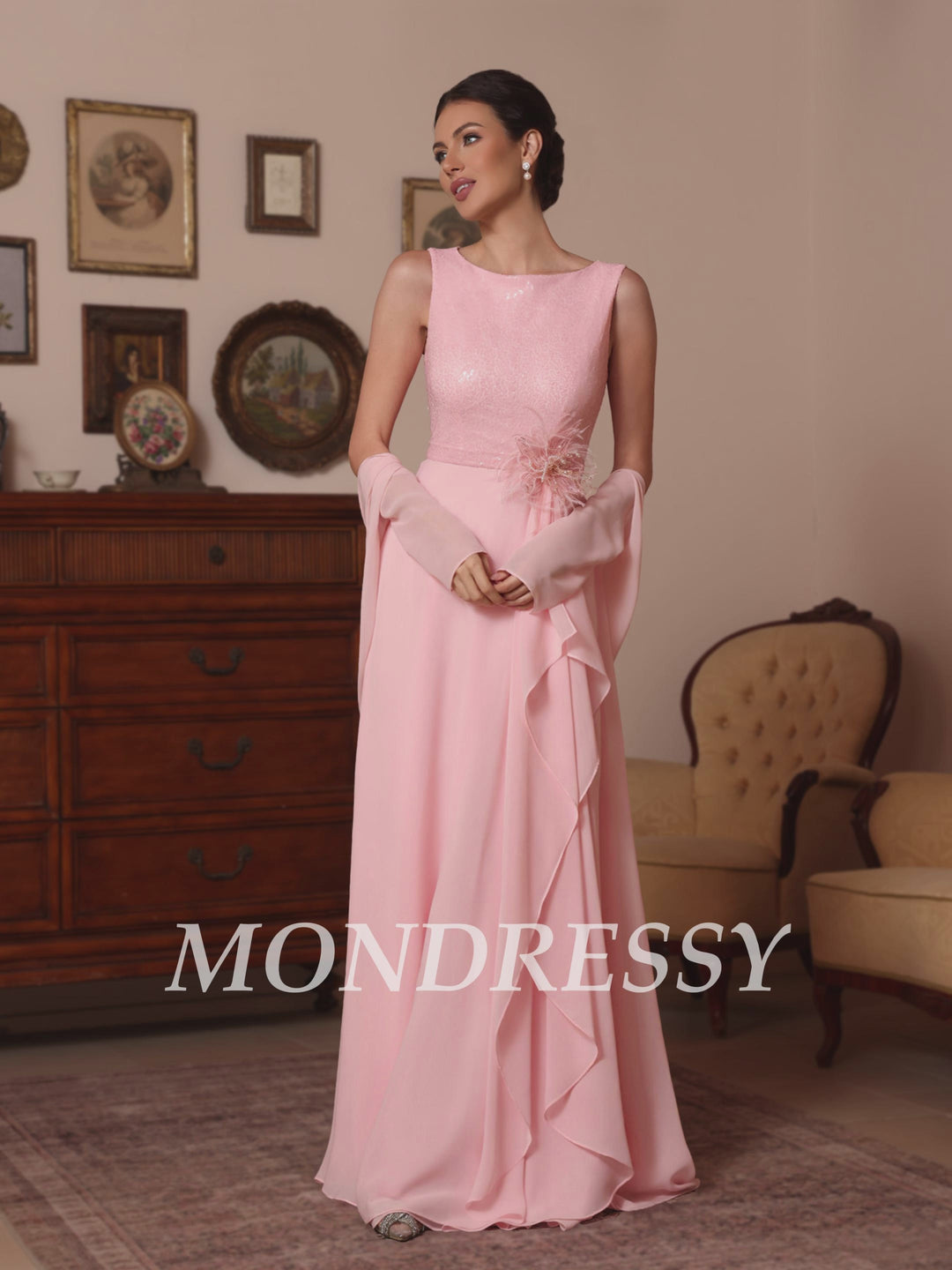 A-Line/Princess Cowl Neck Chiffon Mother of the Bride Dresses Sequins Floor-Length Sleeveless Ruffles