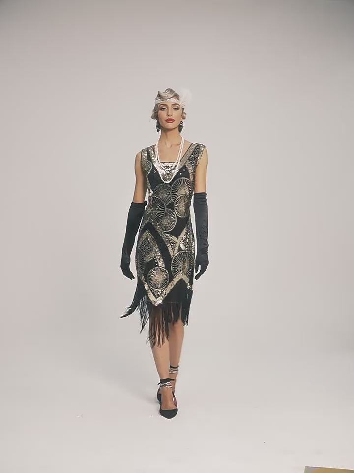 1920s The Great Gatsby Outfit Sheath/Column V-Neck Sequins Vintage Dresses, S / Black