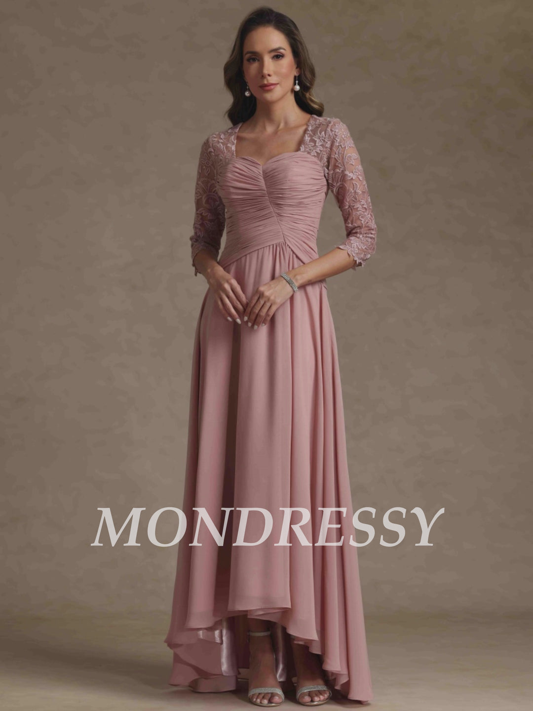 A-Line/Princess Square Collar Mother of the Bride Dresses 3/4 Sleeves Chiffon Lace High-Low Asymmetrical Floor-Length