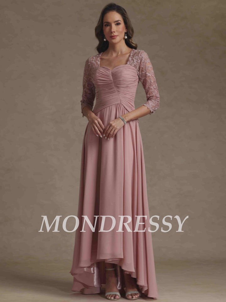 A-Line/Princess Square Collar Mother of the Bride Dresses 3/4 Sleeves Chiffon Lace High-Low Asymmetrical Floor-Length