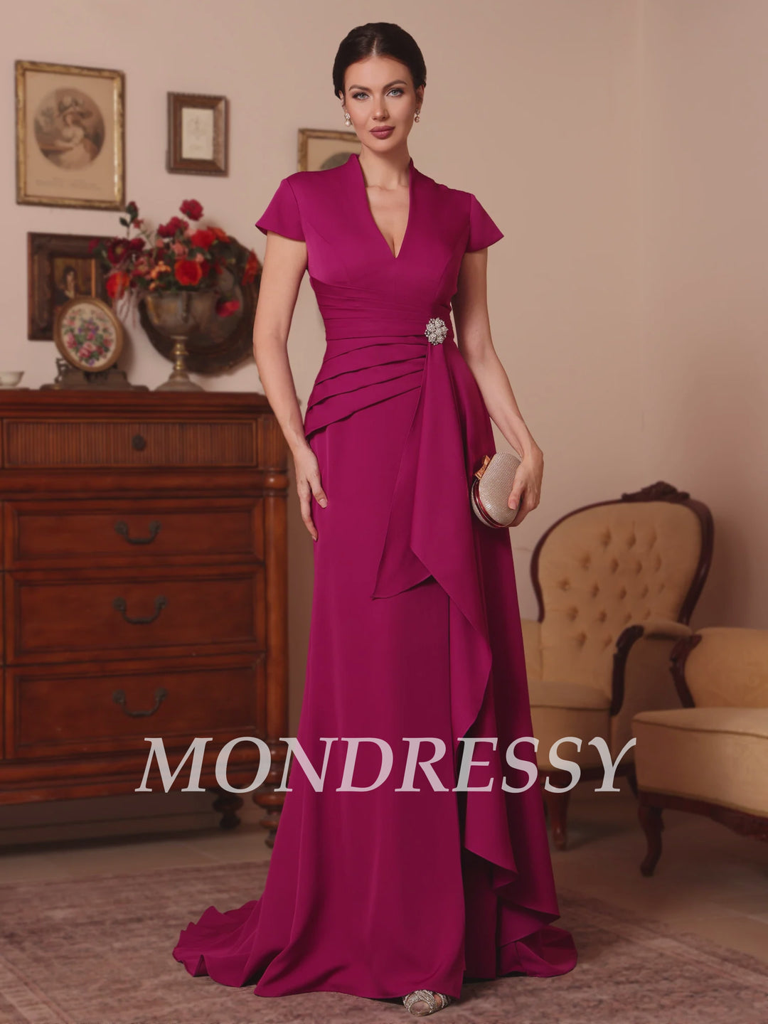 Trumpet/Mermaid V-Neck Stretch Satin Mother of the Bride Dresses Floor-Length Sweep Train Cap Sleeves Ruffles