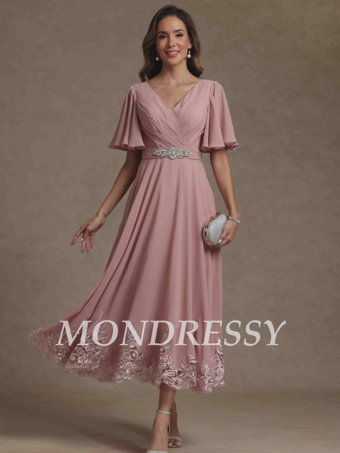 A-Line/Princess V Neck Mother of the Bride Dresses Short Sleeves Chiffon Lace Tea Length with Sash