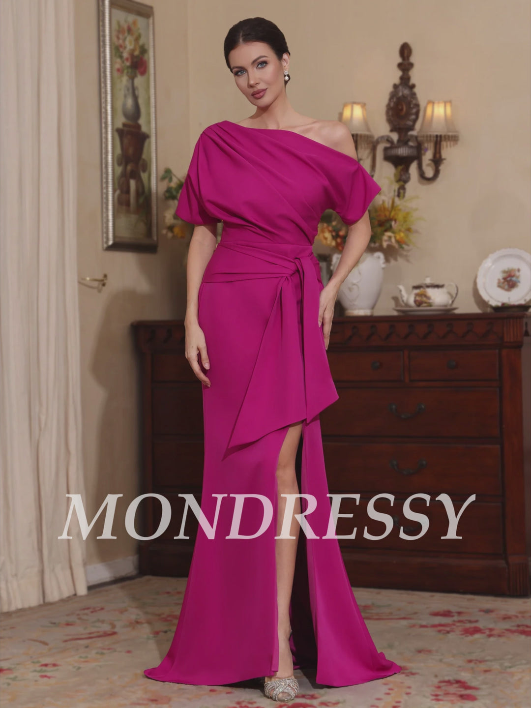 Trumpet/Mermaid One-Shoulder Stretch Satin Mother of the Bride Dresses Floor-Length Sweep Train Short Sleeves Split Side