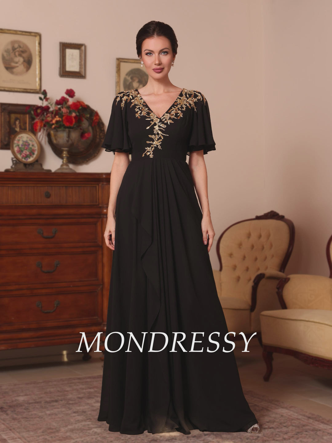 A-Line/Princess V-Neck Chiffon Mother of the Bride Dresses Appliques Floor-Length Short Sleeves Ruffles