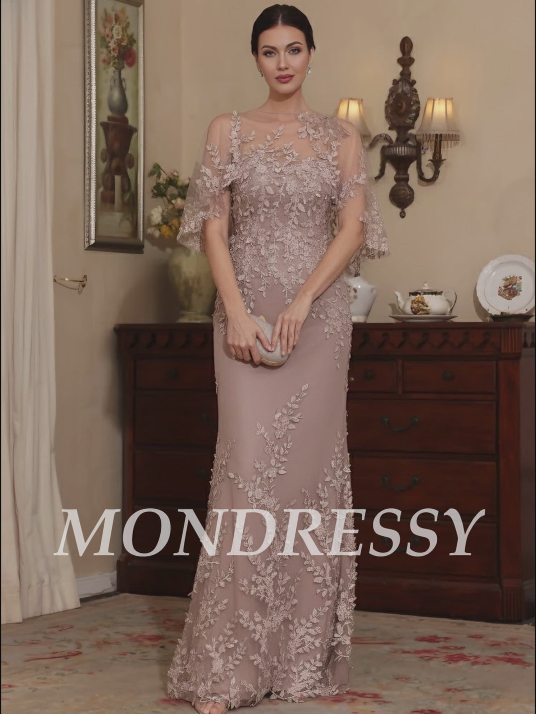 2 Pieces Sheath/Column Scoop Lace Mother of the Bride Dresses with Wrap Beading Half Sleeves Floor-Length