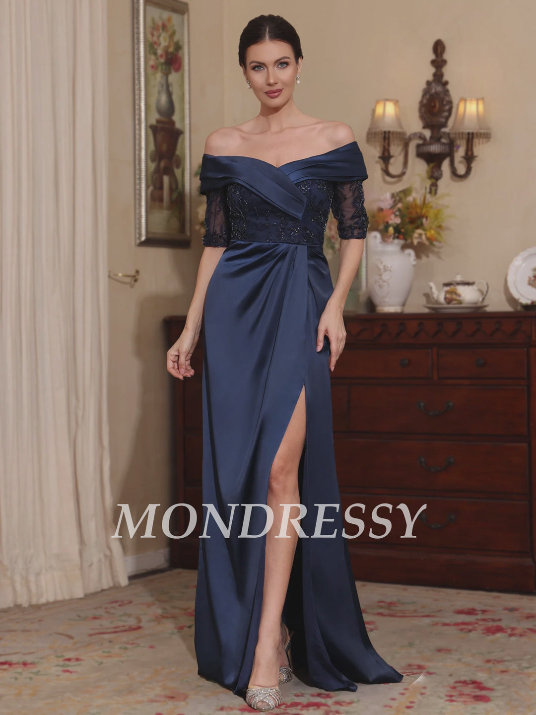 Sheath/Column Off-the-Shoulder Satin Mother of the Bride Dresses Lace Half Sleeves Floor-Length with Split Side