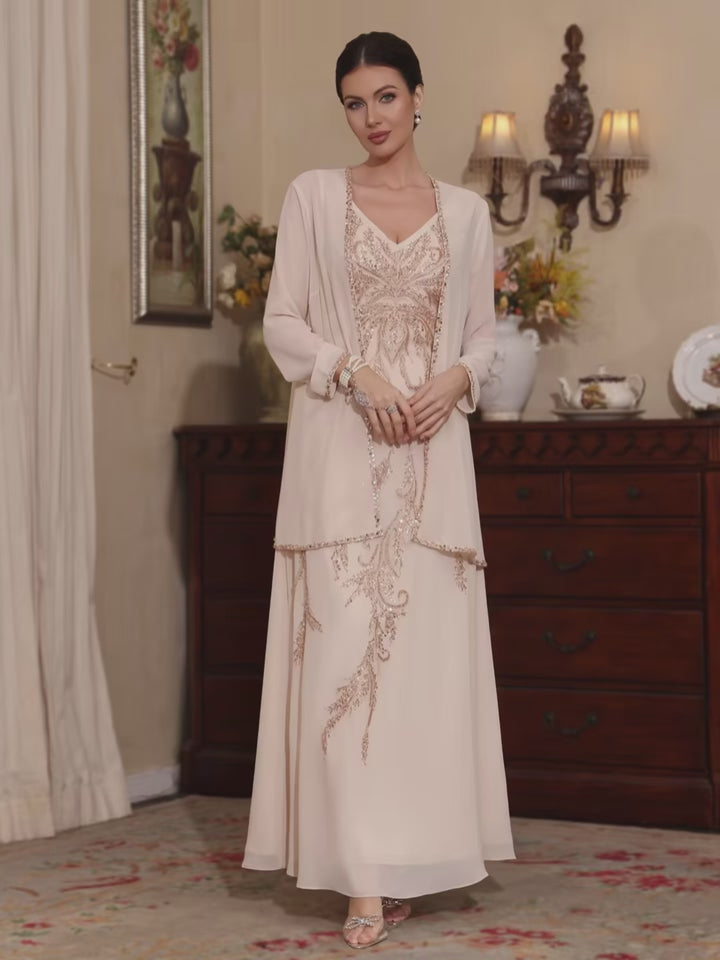 2 Pieces A-Line/Princess V-Neck Chiffon Mother of the Bride Dresses with Jacket Sequins Ankle-Length Long Sleeves