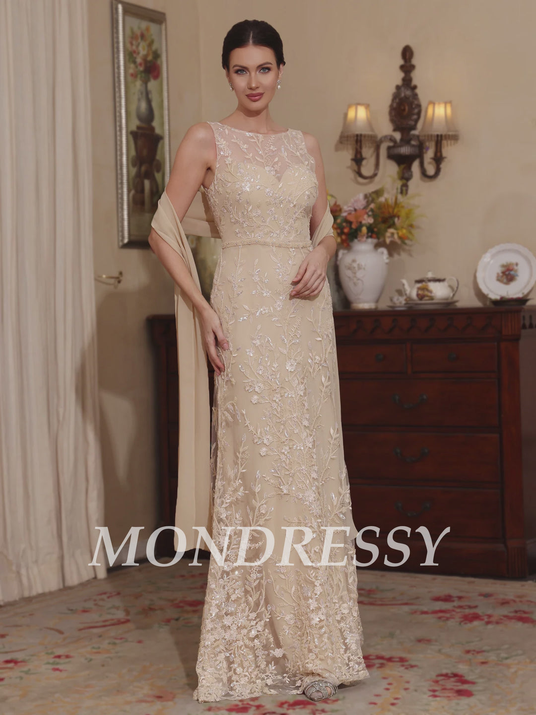 2 Pieces Sheath/Column Lace Mother of the Bride Dresses with Shawl Scoop Beading Sleeveless Floor-Length