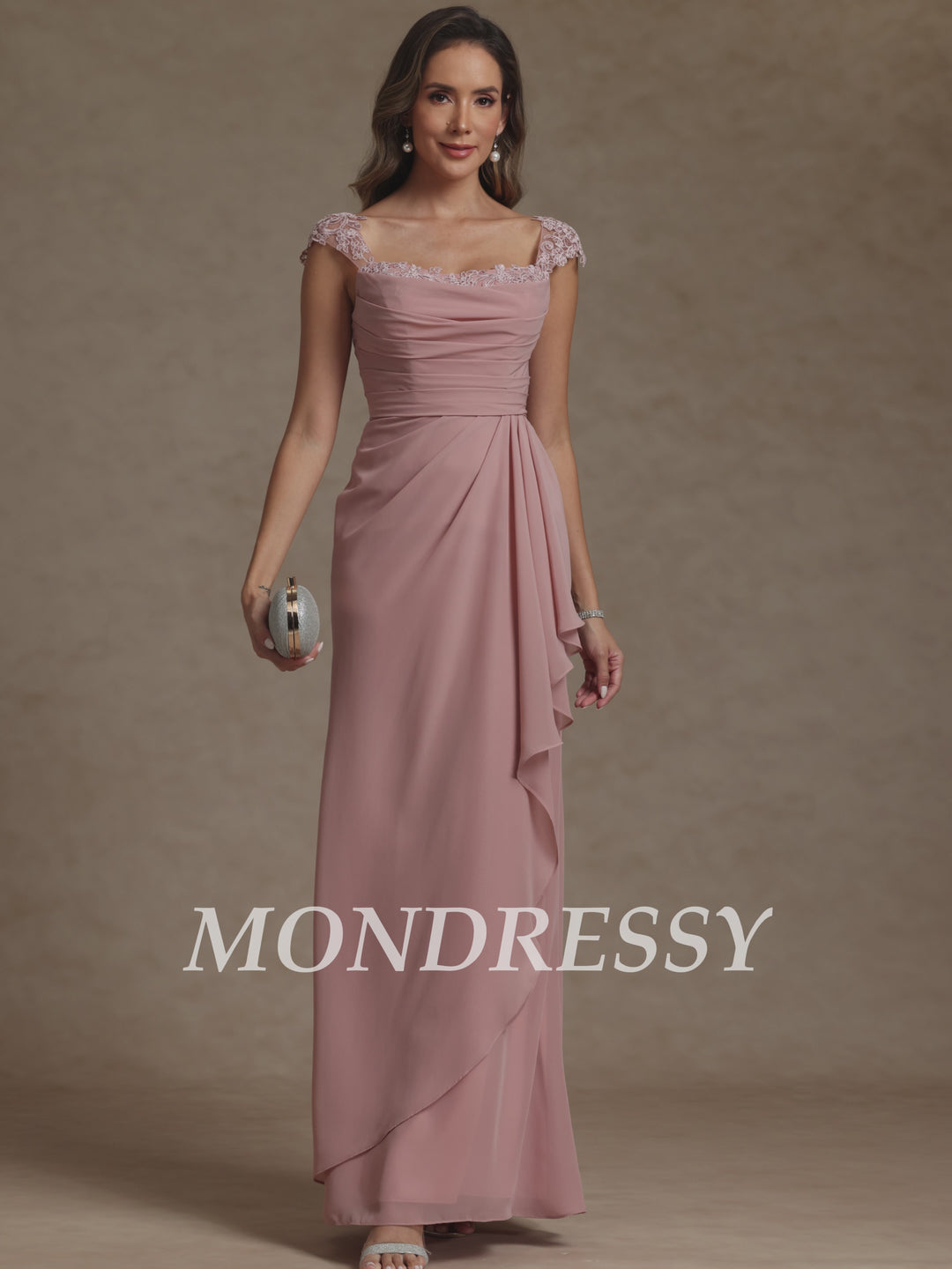 Sheath/Column Square Collar Chiffon Mother of the Bride Dresses Floor-Length Ruffles Ruched Sleeveless Lace