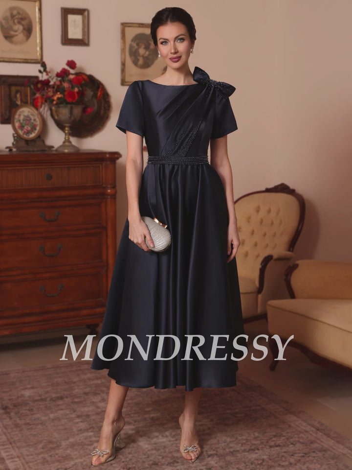 A-Line/Princess Scoop Satin Mother of the Bride Dresses Tea-Length Short Sleeves Beading Bowknot