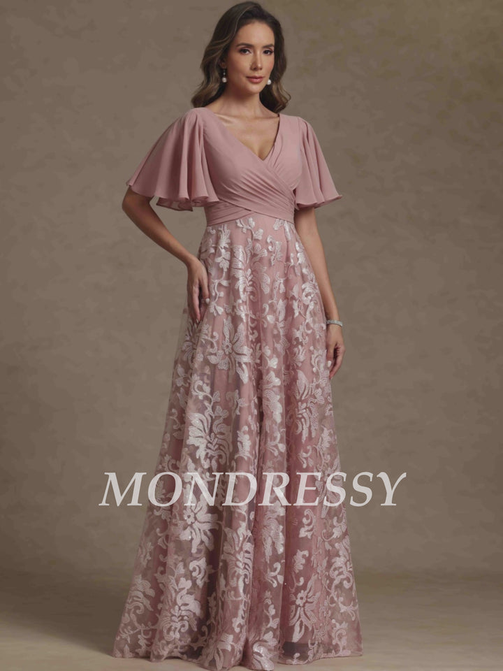 A-Line/Princess V-Neck Mother of the Bride Dresses Short Sleeves Chiffon Lace Floor-Length Ruched
