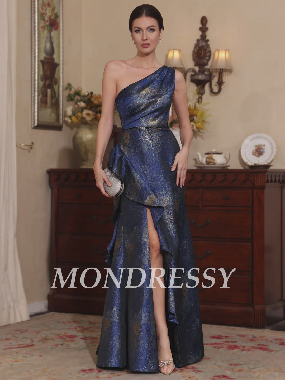 Trumpet/Mermaid One-Shoulder Printed Satin Mother of the Bride Dresses with Split Side Sleeveless Floor-Length