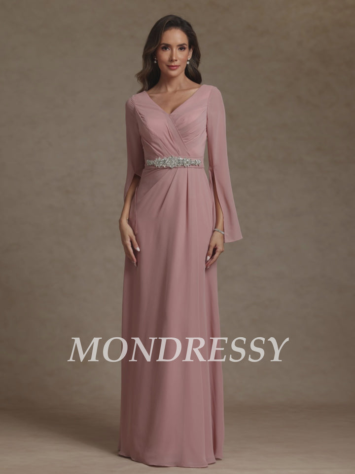 Sheath/Column V-Neck Chiffon Mother of the Bride Dresses Rhinestone Floor-Length Ruched Long Sleeves