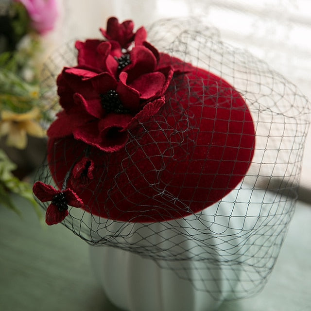 Fall Wedding Hat Pillbox Hat Horse Race Ladies Day Melbourne Cup Cocktail Royal Astcot Flower Elegant With Floral Tulle Headpiece