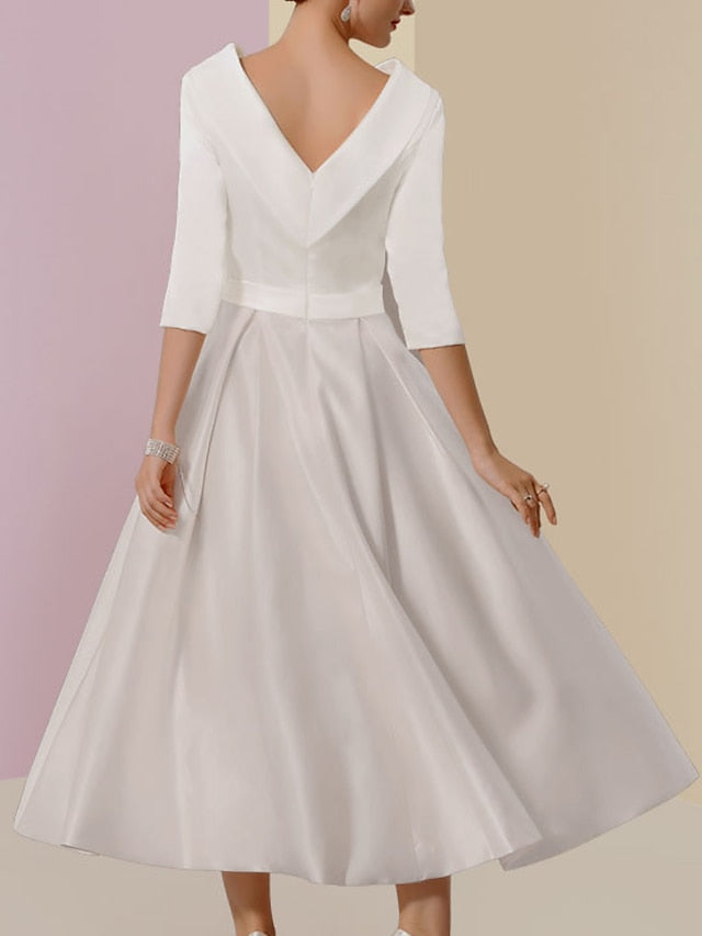 A-Line/Princess Jewel Neck Half Sleeve Tea Length Mother of the Bride Dresses with Pockets Pleats